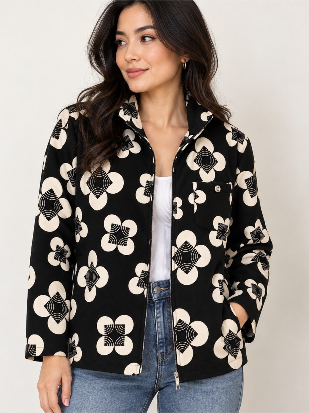 Vintage Ya Ni Na Geometric Print Zip Jacket